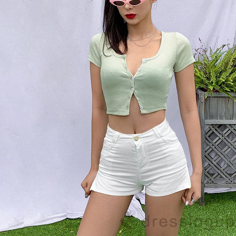 Áo lửng ngắn tay thiết kế cổ chữ U màu trơn đính nút thời trang mùa hè cho nữ