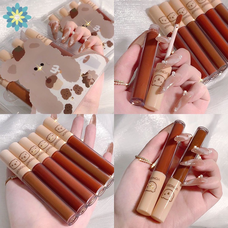 [Hàng mới về] Bộ 4 son kem chống thấm nước lâu trôi thiết kế hình gấu dâu tây dễ thương