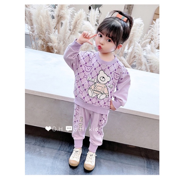 Bộ dài tay cho bé cotton thu đông, co dãn 4 chiều cho bé gái hình Gấu K034