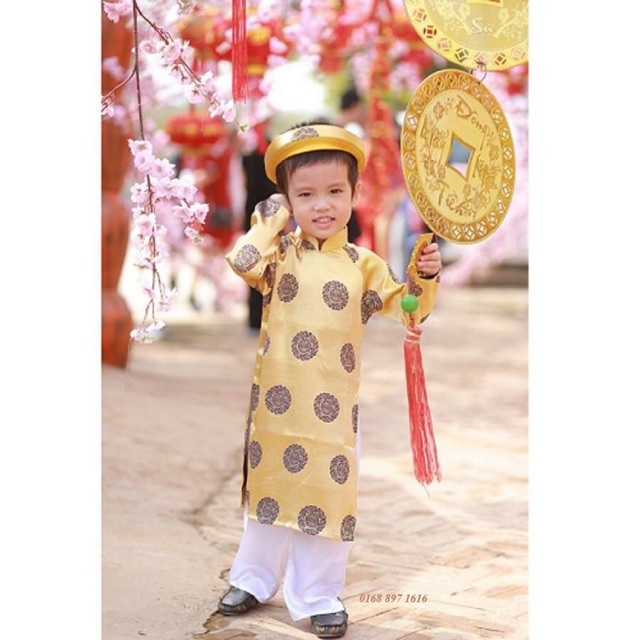 Áo dài gấm truyền thống cho bé size to 10-16