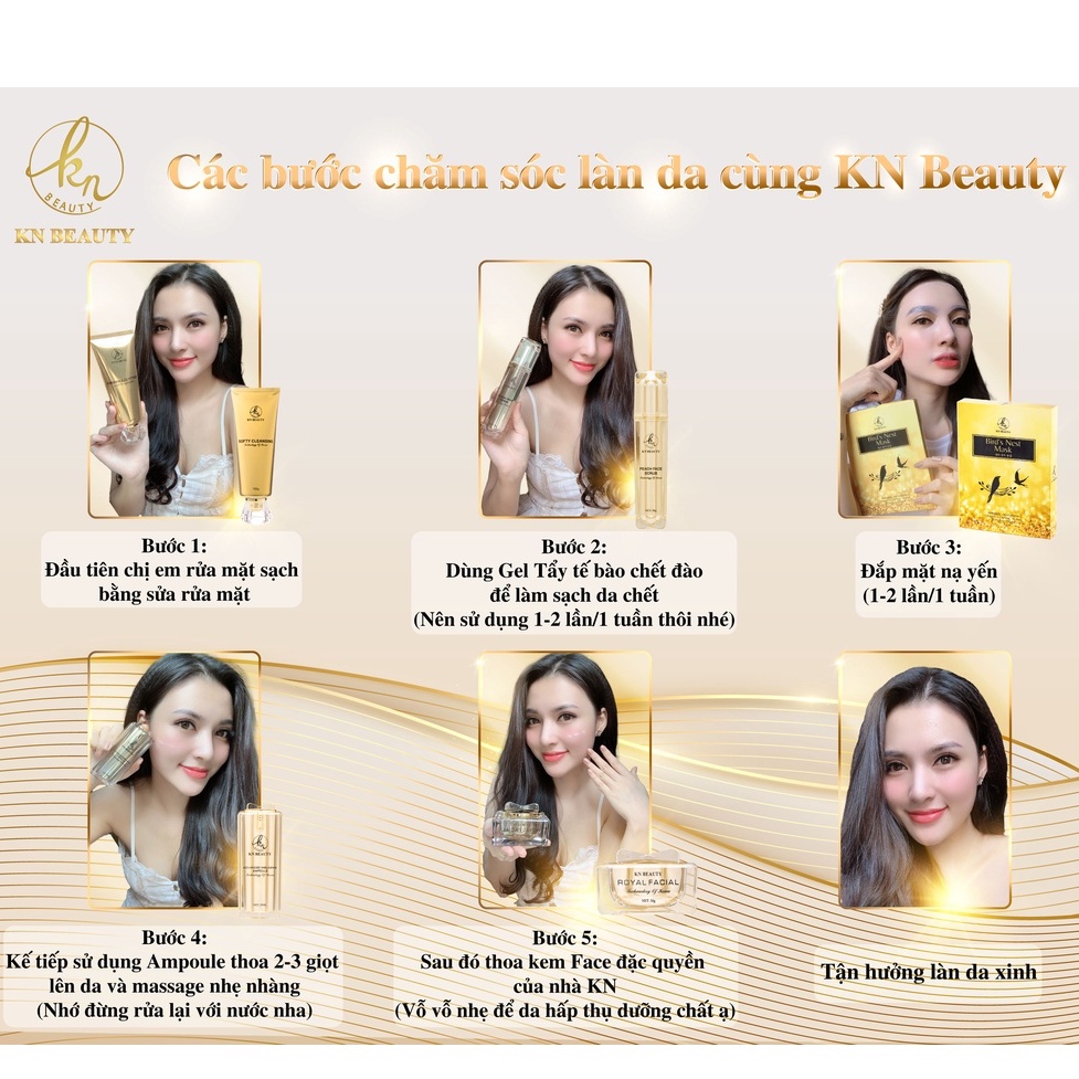 Bộ 5 sản Royal KN Beauty: Gel tẩy tế bào chết +sữa rửa mặt +tinh chất dưỡng + kem dưỡng+mặt nạ tặng Kem ủ body KN Beauty