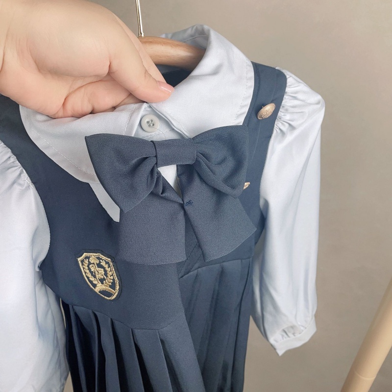 Đầm Công Chúa Tay Dài Giả Hai Lớp Phong Cách Preppy Thời Trang Mùa Thu Cho Bé Gái