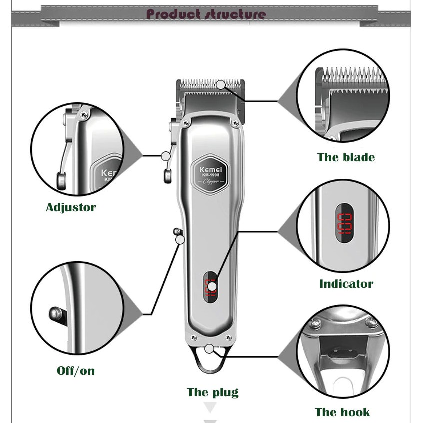 [HCM]Tông Đơ Cắt Tóc Chuyên Nghiệp Kemei  KM-1998 Thân Nhôm Nguyên Khối,Pin Lithium 2000mah Tặng Bộ 4 Cữ, Màn Hình LED.