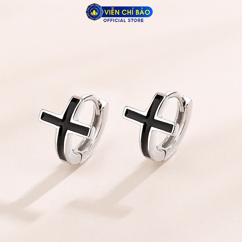 Bông tai bạc unisex chữ thập trơn đen chất liệu bạc 925 thời trang phụ kiện trang sức nữ Viễn Chí Bảo B100033