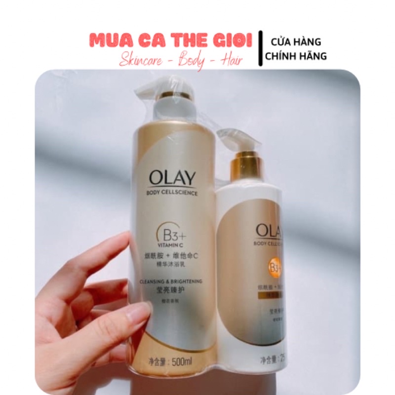 Set 500ml Sữa Tắm Olay B3+Vit C &amp; 250ml Dưỡng Thể Niacinamide dưỡng ẩm trắng da