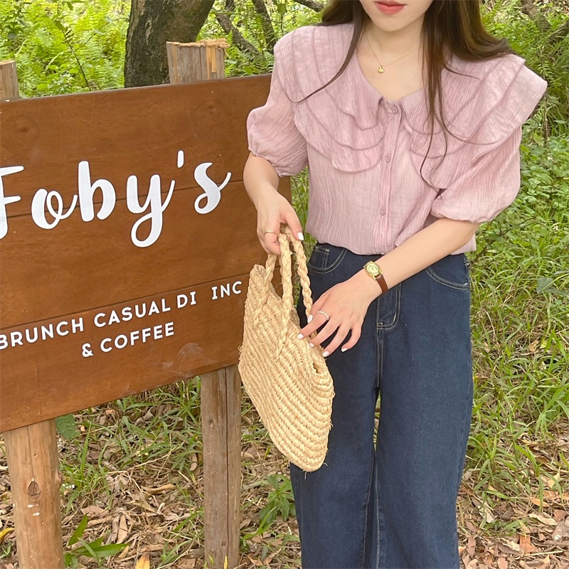 Summer sweet ruffled doll collar light green shirt Korean style loose short-sleeved top