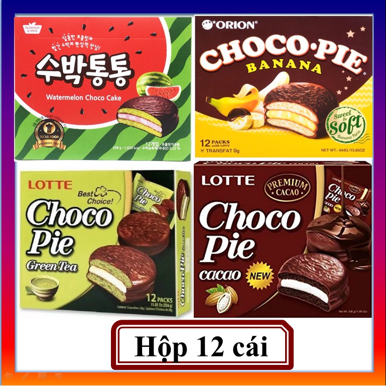 Bánh Chocopie (Choco Pie) 4 - Trà Xanh/ Chuối/ Dưa Hấu / Cacao / Sữa Chua - Hộp 12 cái