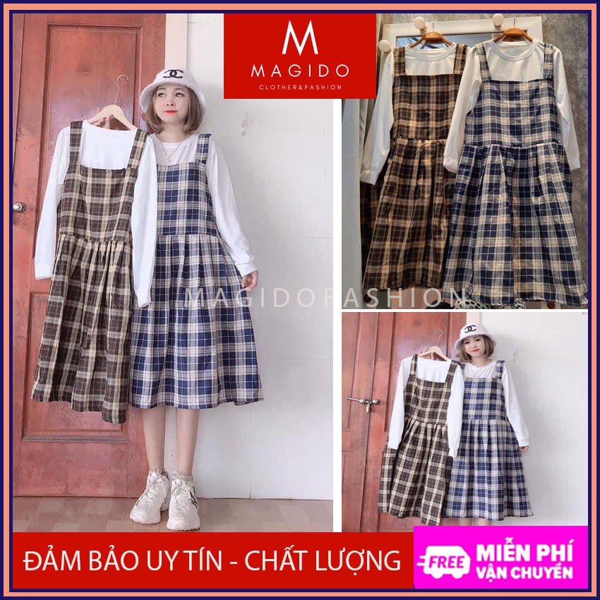 yếm váy -đầm nữ kẻ caro 💚kèm áo thun giấy trơn dài tay, set váy vintage form thụng siêu hot MAGIDO-(FREESHIP+VIDEO )