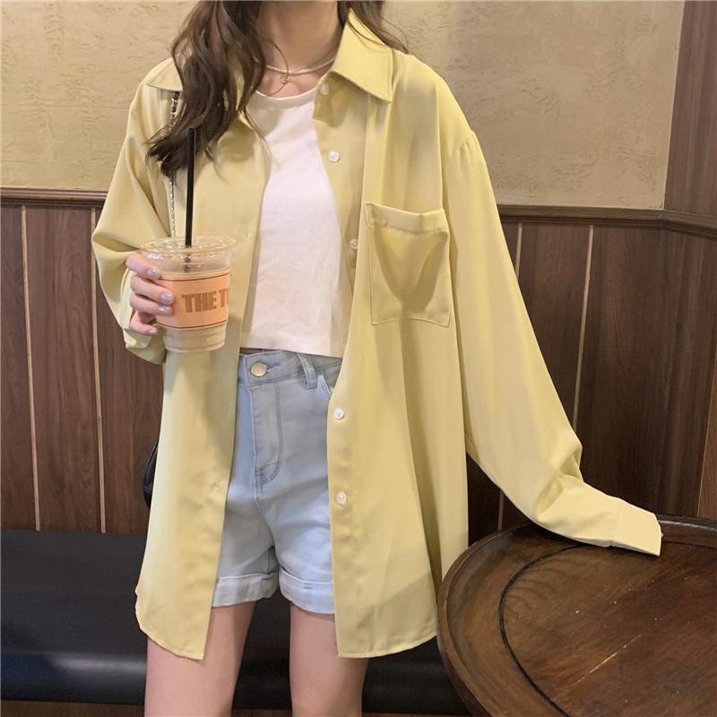 Korean version of the long single-breasted casual sunscreen plain loose shirt，cheap borong of Koreanfashion women's clothing readystock 210521