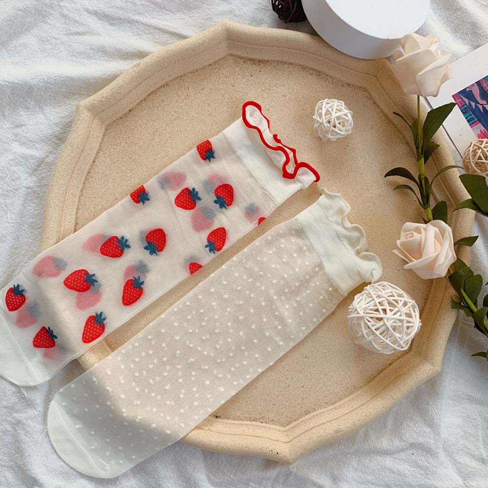 Vớ Cổ Cao Trong Suốt Thoáng Khí Họa Tiết Dâu Tây Dễ Thương Phong Cách Lolita Nhật Bản Cho Nữ | BigBuy360 - bigbuy360.vn