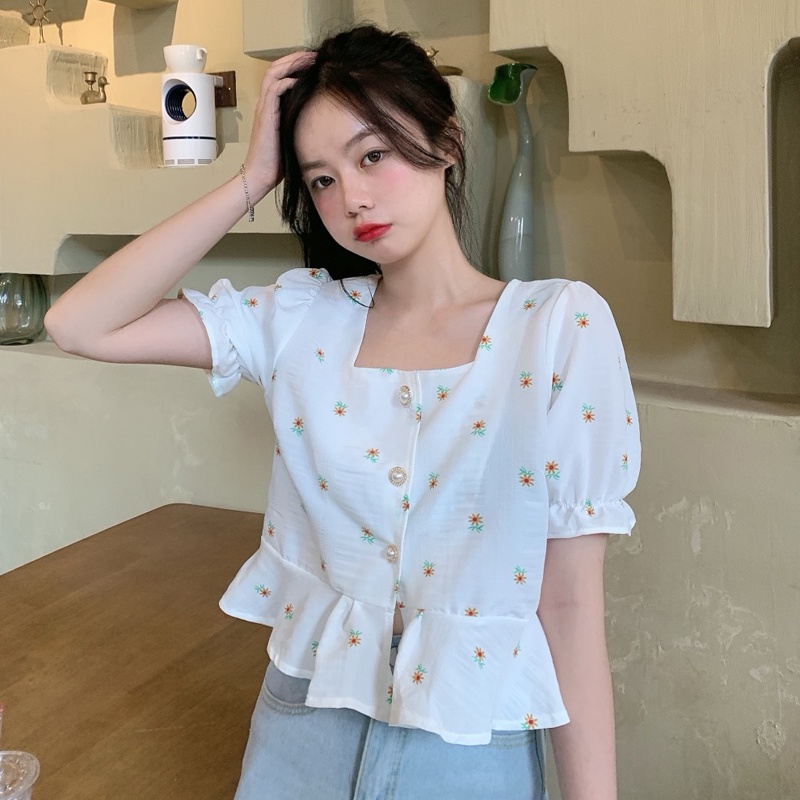 SUXI Áo Kiểu Tay Ngắn Cổ Vuông Họa Tiết Hoa Thời Trang Mùa Hè Cho Nữ