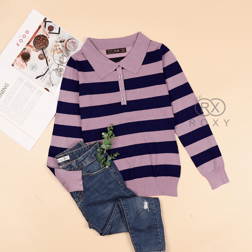 Áo Len Bẻ Cổ Cài Nút Tay Dài Sọc Ngang | BigBuy360 - bigbuy360.vn