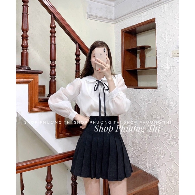 Áo sơmi tơ voan cổ bèo cột nơ trắng be/ sơ mi tay bồng