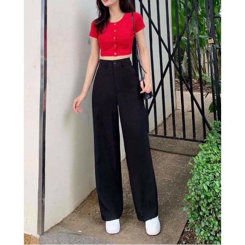 Quần ống rộng lưng cao khóa trước khuy cài màu đen dáng suông dài - Quần culottes cạp cao nữ công sở chất vải trơn mềm