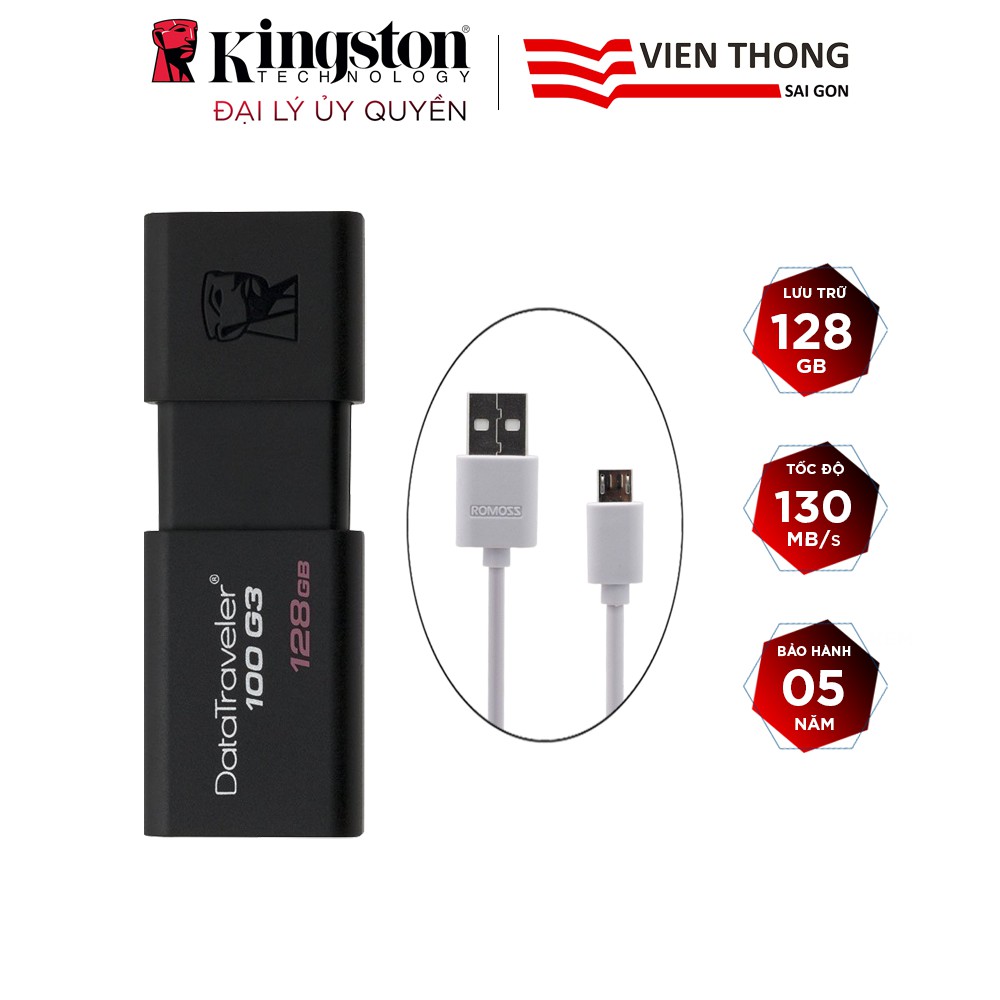 USB 3.0 Kingston DT100G3 128GB tốc độ upto 130MB/s + Cáp sạc micro USB tròn CB05 Romoss - Hãng phân phối chính thức