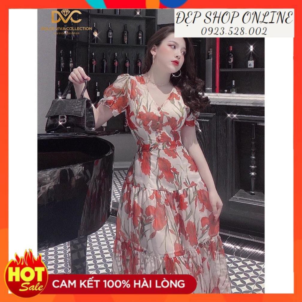 Freeship - Váy hoa xòe cổ V V1907 - ĐẸP SHOP DVC ( Ảnh mẫu và ảnh trải sàn do shop tự chụp )