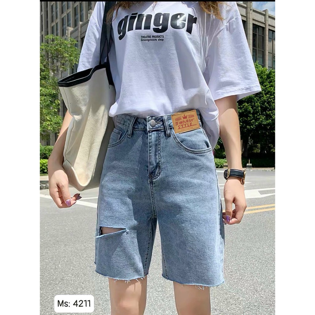 Quần Jean Nữ Lửng Gối Rách Ngang Tua Lai