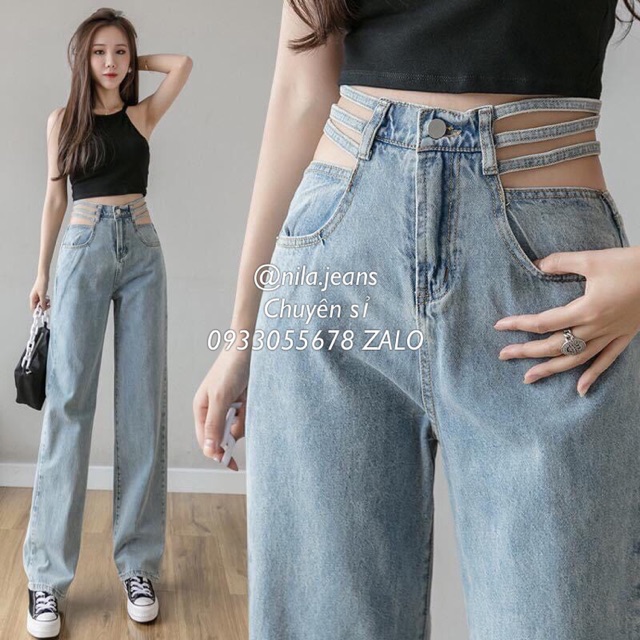 [clip&hìnhthật] Quần baggy jean ống suông khoét eo đan dây MS236
