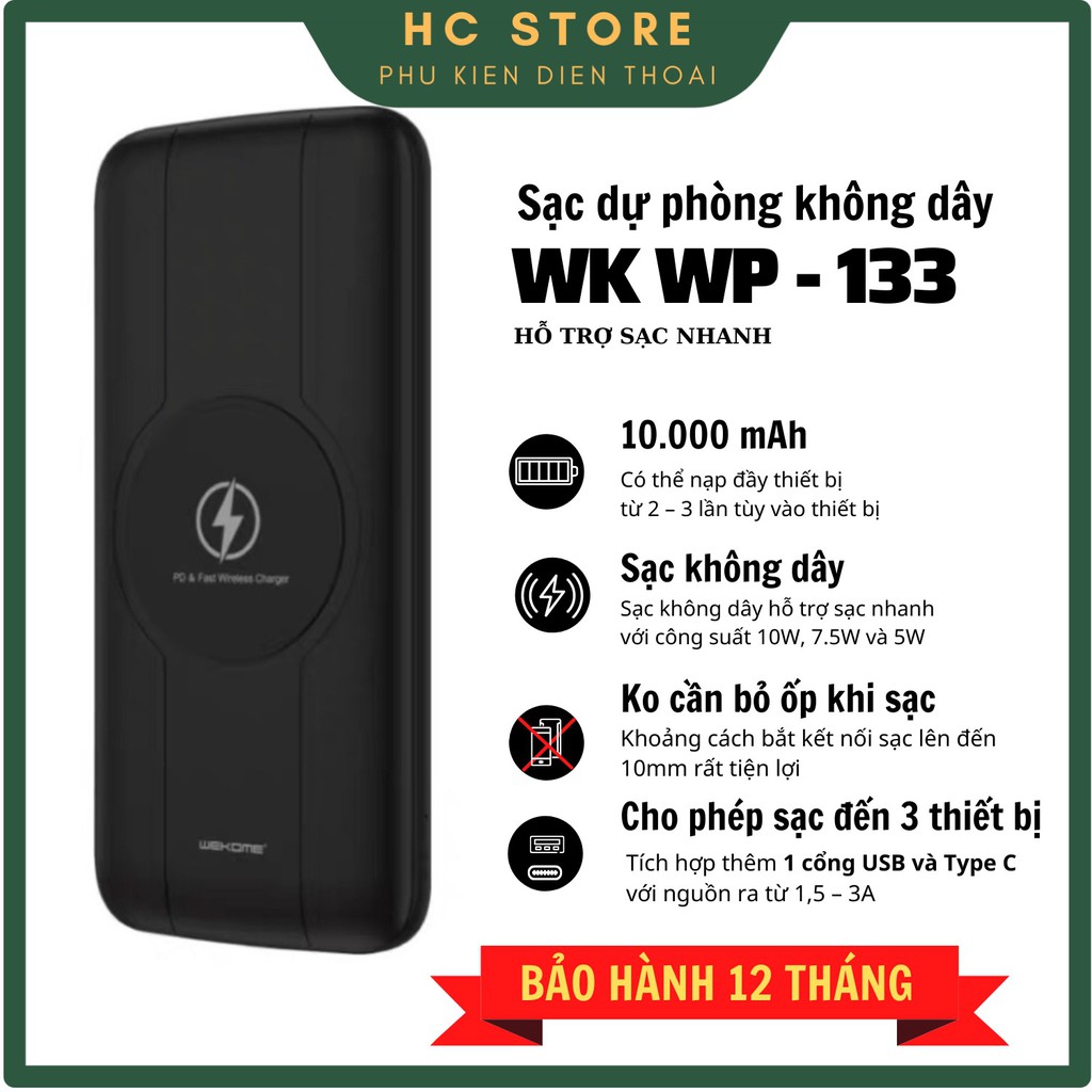 [FreeShip – Hàng Auth] Sạc dự phòng không dây, Sạc nhanh 10000mAh, Wp133 chính hãng Wk bảo hành 1 năm .. !