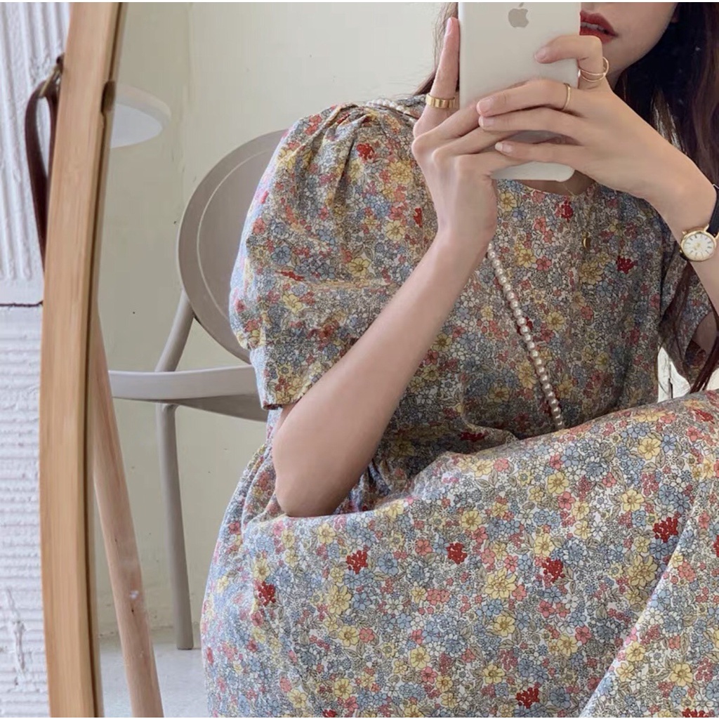 Đầm - Váy babydoll hoa nhí tay bồng chất thô siêu xinh