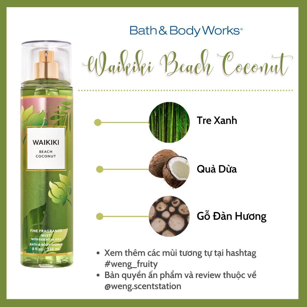 Xịt thơm toàn thân Bath & Body Works mùi Waikiki Beach Coconut