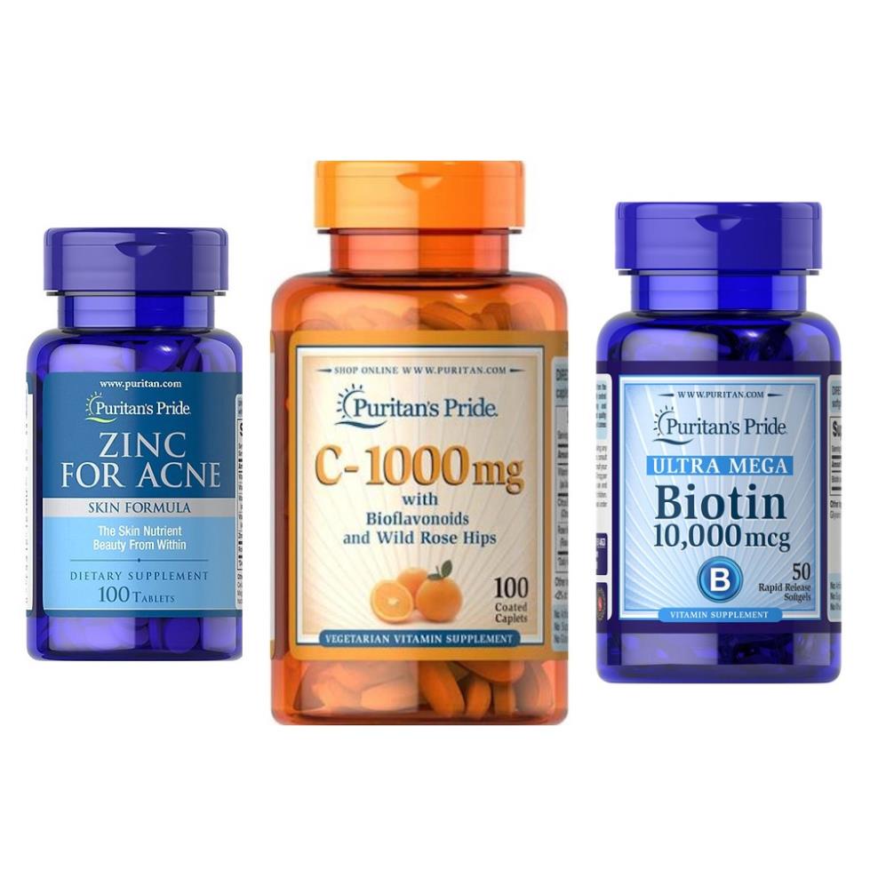 Combo hết mụn - liền sẹo ngừa thâm Puritan's Pride zinc for Acne 100v , Biotin 100v, Vitamin C 1000mg 100v