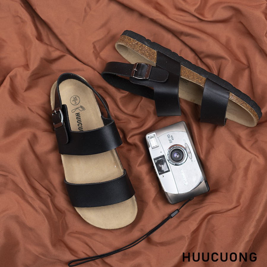 Giày Sandal Unisex HuuCuong 2 quai đen đế trấu