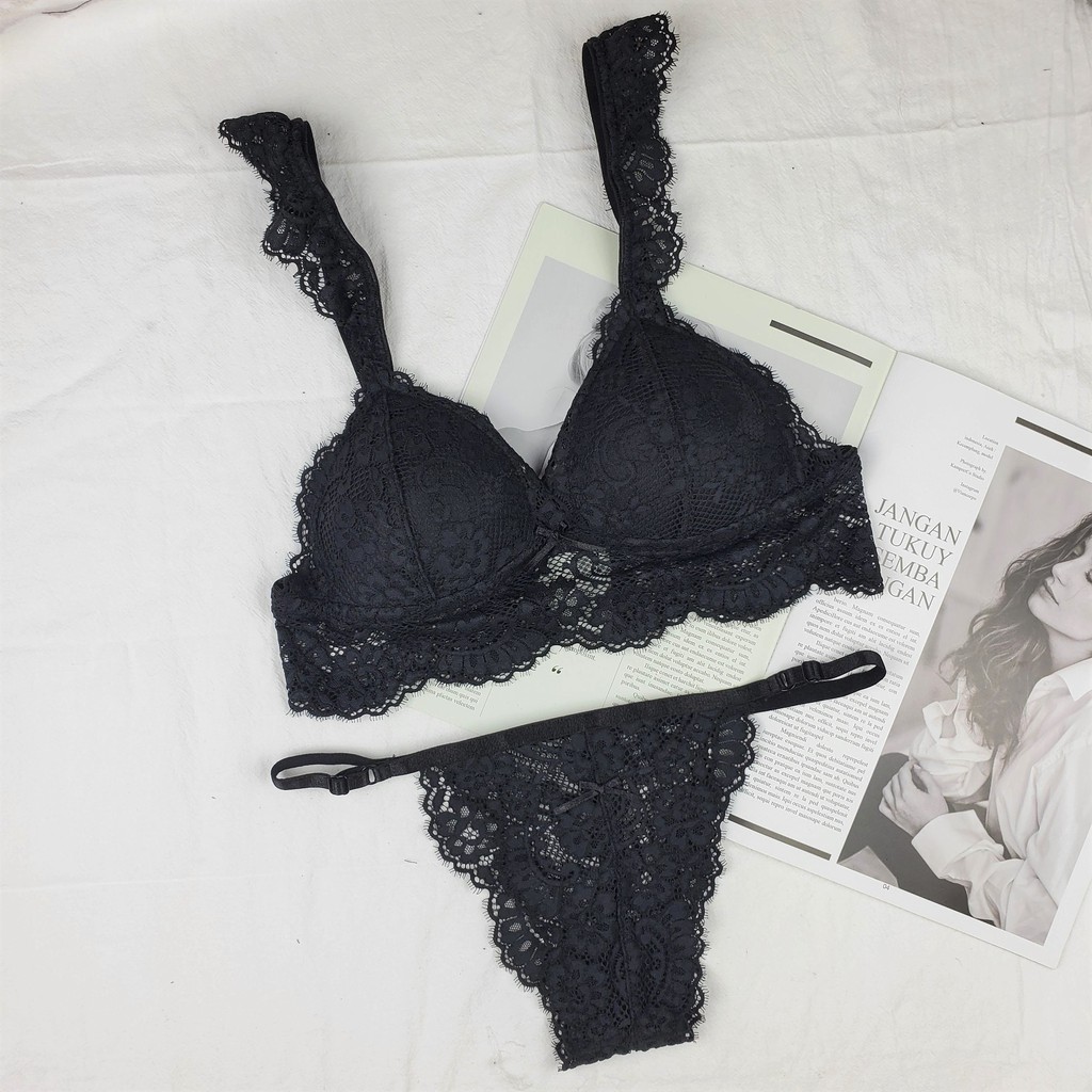 Bộ đồ lót ren không gọng mút vừa gợi cảm màu đen quần dây - Áo ngực sexy by NHÀ SÒ Bralette NS196