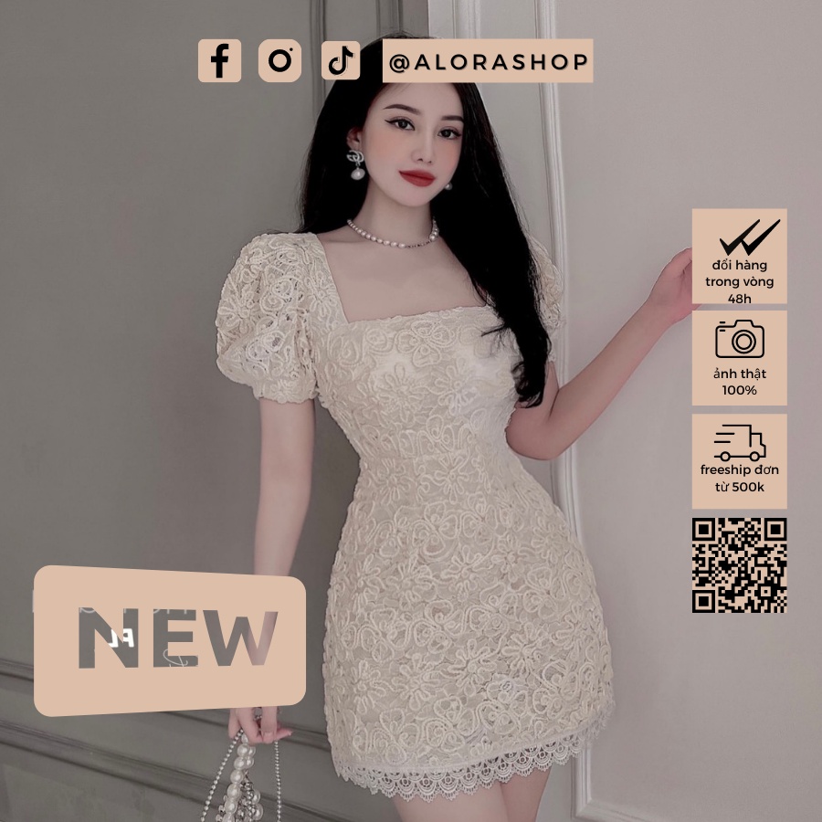 Váy, đầm nữ cổ vuông tay bồng dáng A có lót quần trong chất ren hoa nổi thời trang nữ Alora