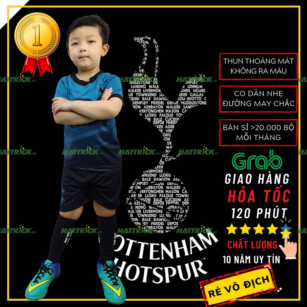 Đồ đá bóng trẻ em Tottenham xanh MẪU MỚI 2021 (11kg-41kg), thun Sài Gòn thoáng mát mềm mại, may chất lượng, xưởng bán sỉ