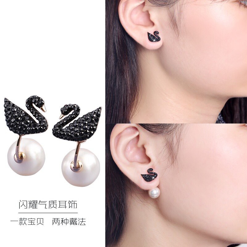 [Original] ICONIC SWAN pierced earrings with Swarovski rose gold and pearl earrings with black SWAN S925 silver