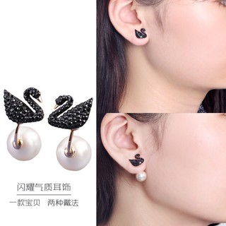 Khuyên tai bạc S925 hình thiên nga phối ngọc trai giả thời trang