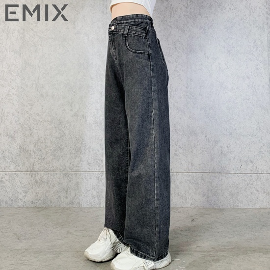 Quần jean nữ đi học EMIX (2 màu), ống suông rộng, dáng dài 95cm, cạp chéo năng động, cá tính, chất jean ít bai xù