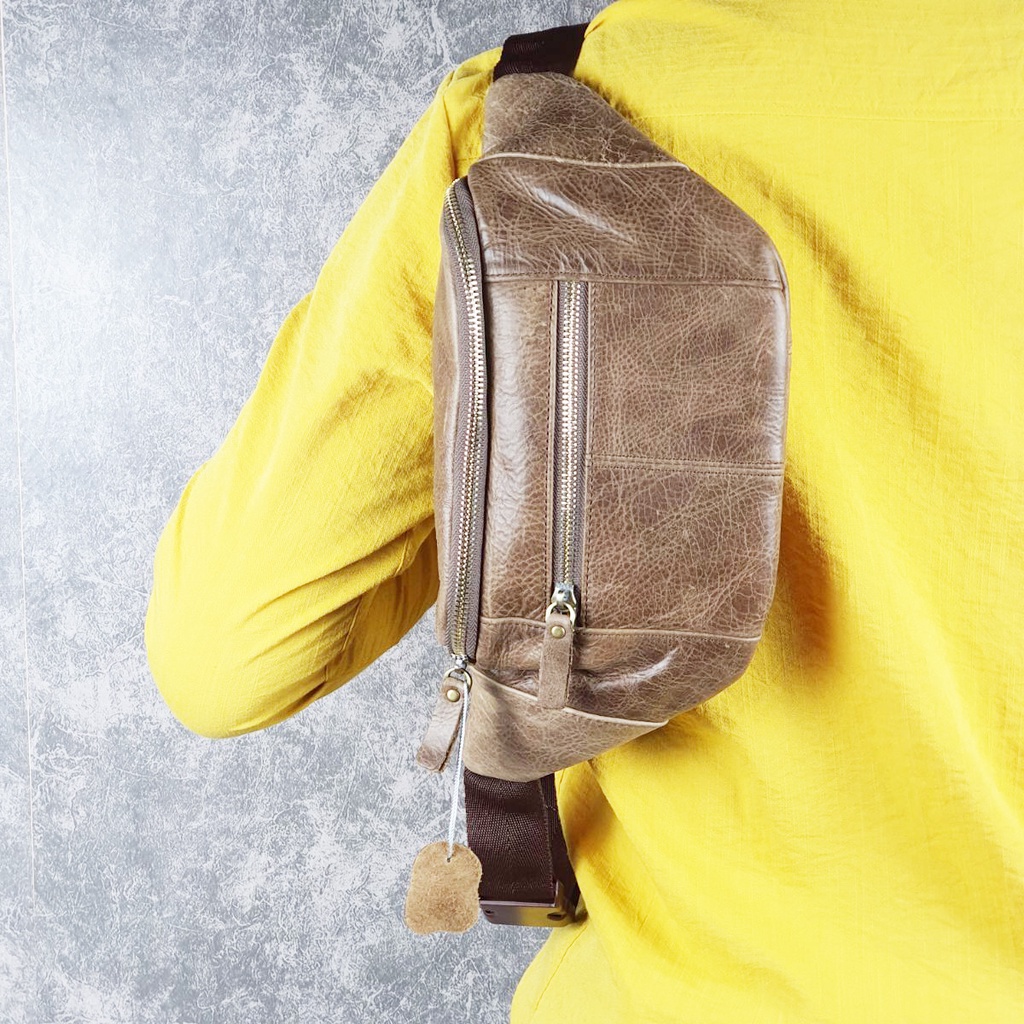 [Da thật] Túi đeo hông da bò thật TD106 (Nâu/Ghi) - 100% da bò thật, BH 3 năm | BigBuy360 - bigbuy360.vn