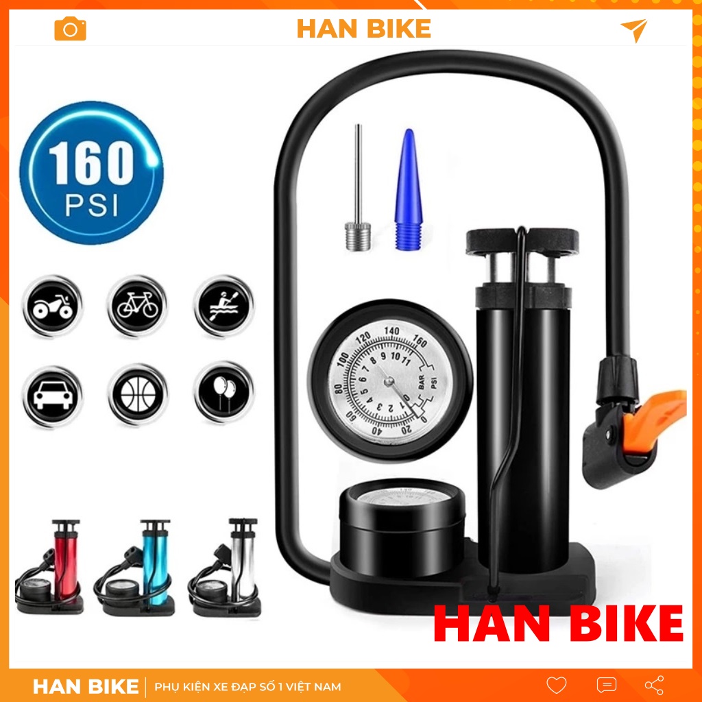 Bơm Xe Máy - Bơm Xe Đạp Đạp Chân Có Đồng Hồ Đo Áp Suất 160 PSI Nhỏ Gọn Chất Liệu Hợp Kim Nhôm Cao Cấp