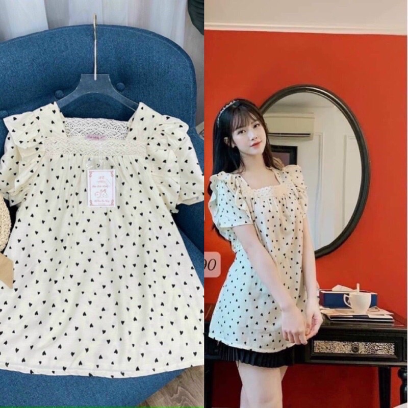 Áo Bầu Hình Tim ren cách điệu cổ vuông☘️Hàng loại 1☘️Chất Đũi siêu thoáng mát,thấm hút mồ hôi☘️tay bèo điệu đà☘️freesize