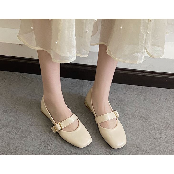 Giày búp bê da mềm nữ gót giả vân gỗ mũi vuông khóa vuông phong cách Hàn Quốc vintage xinh xắn - Mã GB44