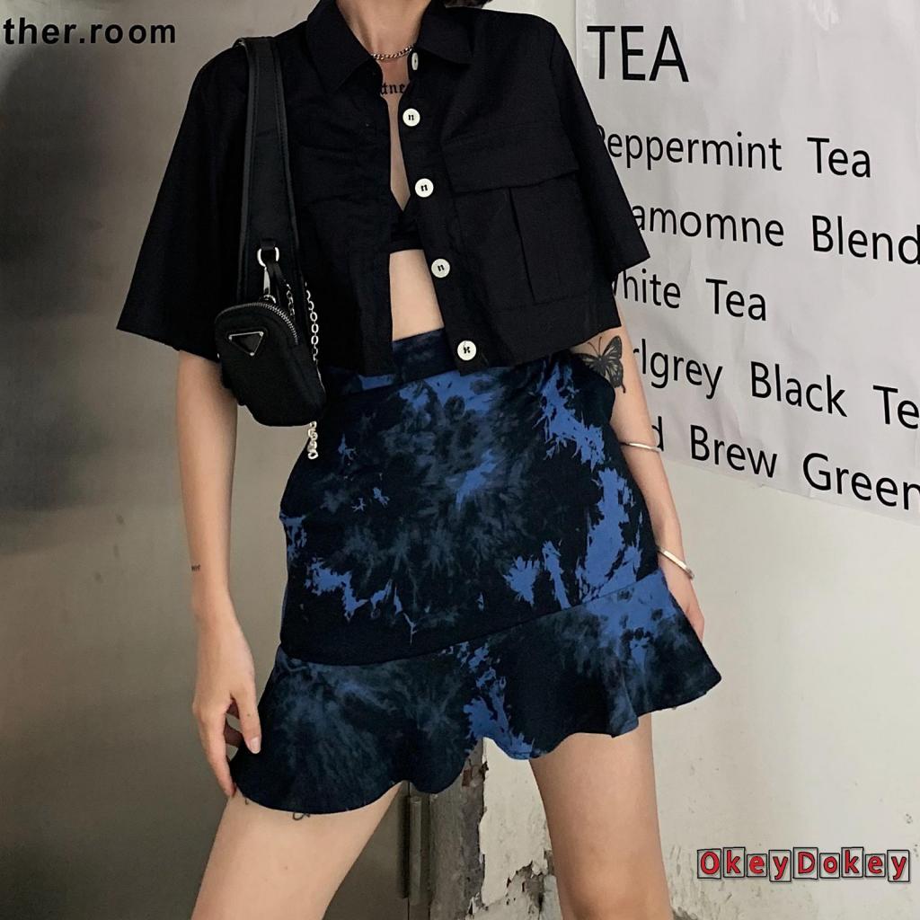OKDK-Women Fashion Tie-dye Skirt Ladies Female Stylish Ruffle Hem Skirt