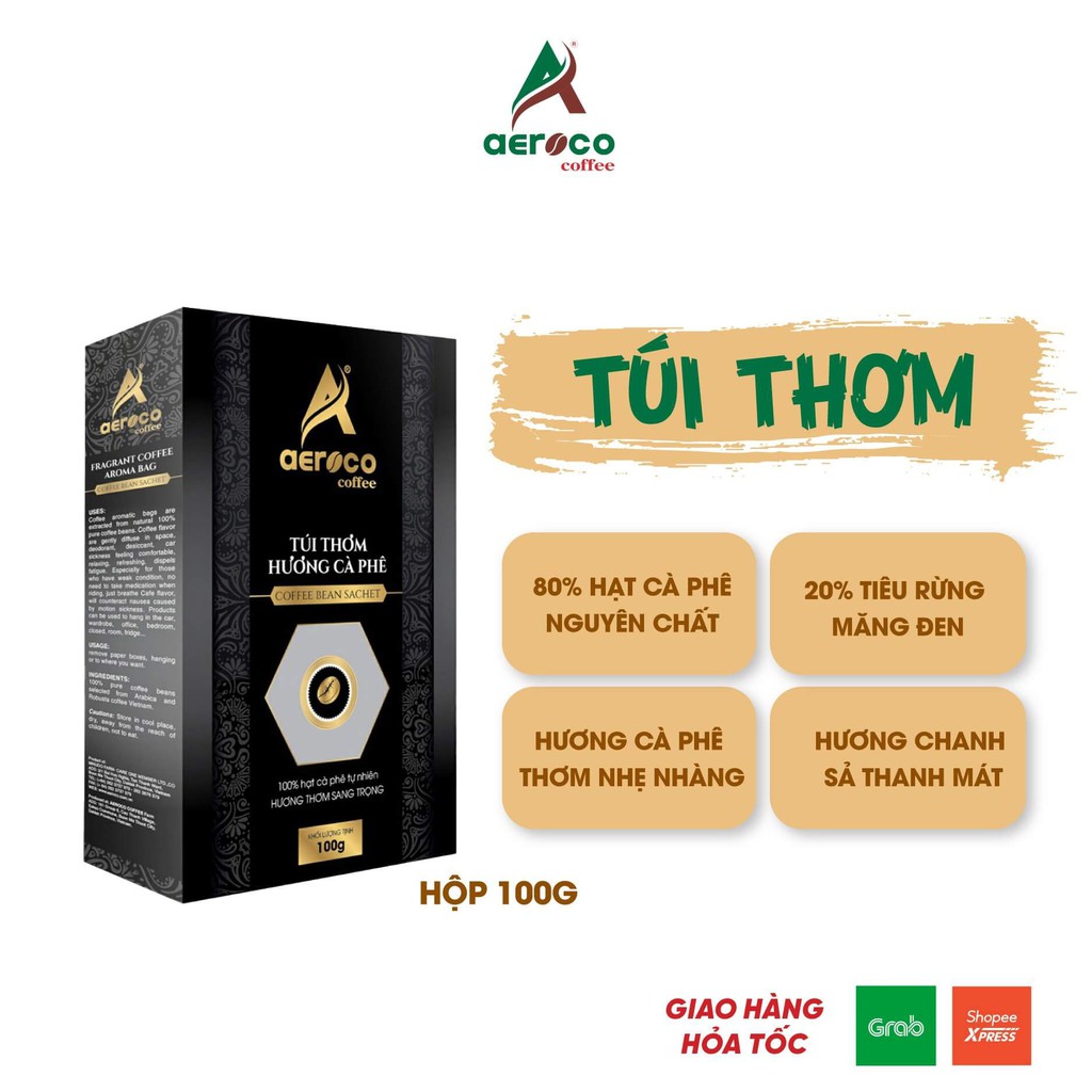 VoucherXtra5%_Túi thơm 100g_AEROCO COFFEE, hương cafe + chanh sả thanh mát từ hạt tiêu rừng tự nhiên, giúp chống say xe