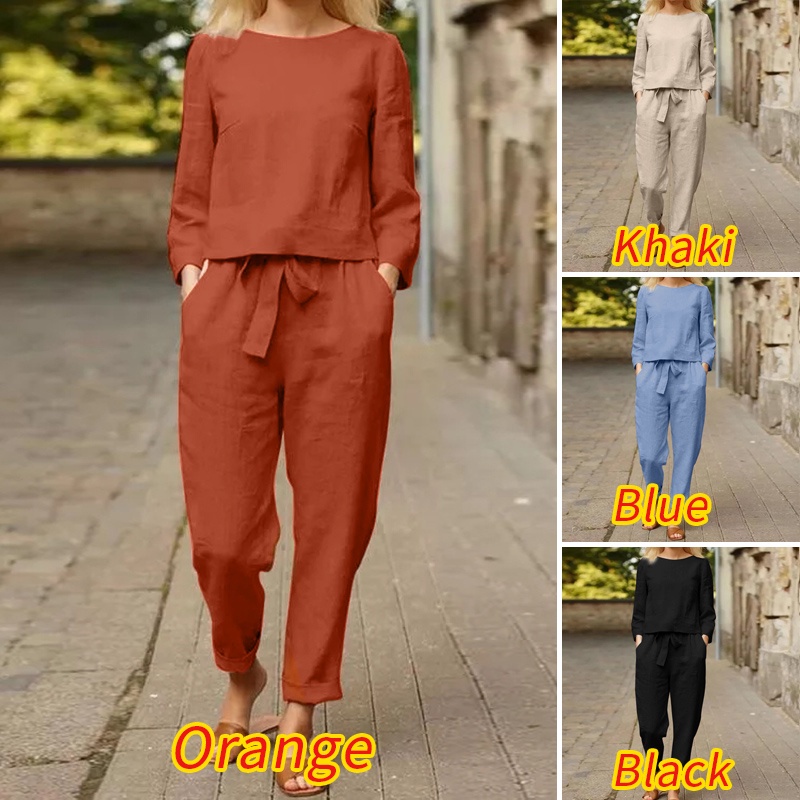Bộ Đồ Zanzea Gồm Áo Tay Dài Cổ Tròn Phối Quần Dài Buộc Dây Có Túi Hai Bên Màu Trơn Thời Trang Cho Nữ