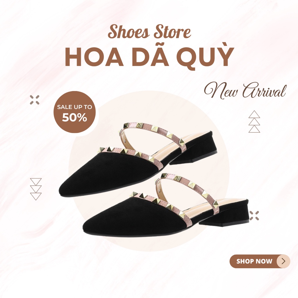 Giày nữ gót vuông nhung đen sang chảnh, giày sục nữ đinh tán quai ngang