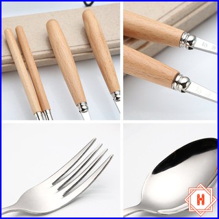 Bộ đũa + thìa + dĩa cán gỗ tiện dụng { H }