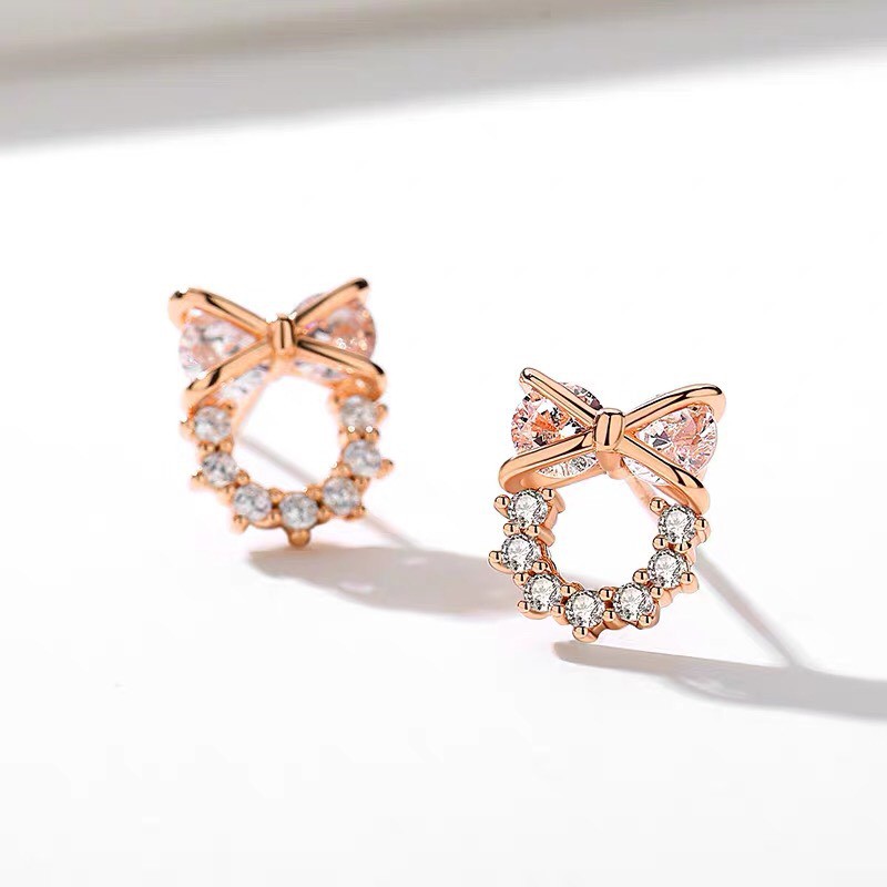 Bông tai bạc nữ Mon Lilas Mặt Nơ đính đá K122006