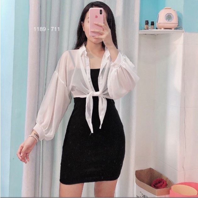 Set áo sơ mi voan mỏng cột nơ eo phối váy body 2 dây thun gân - Hình và clip tất cả đều chụp thật
