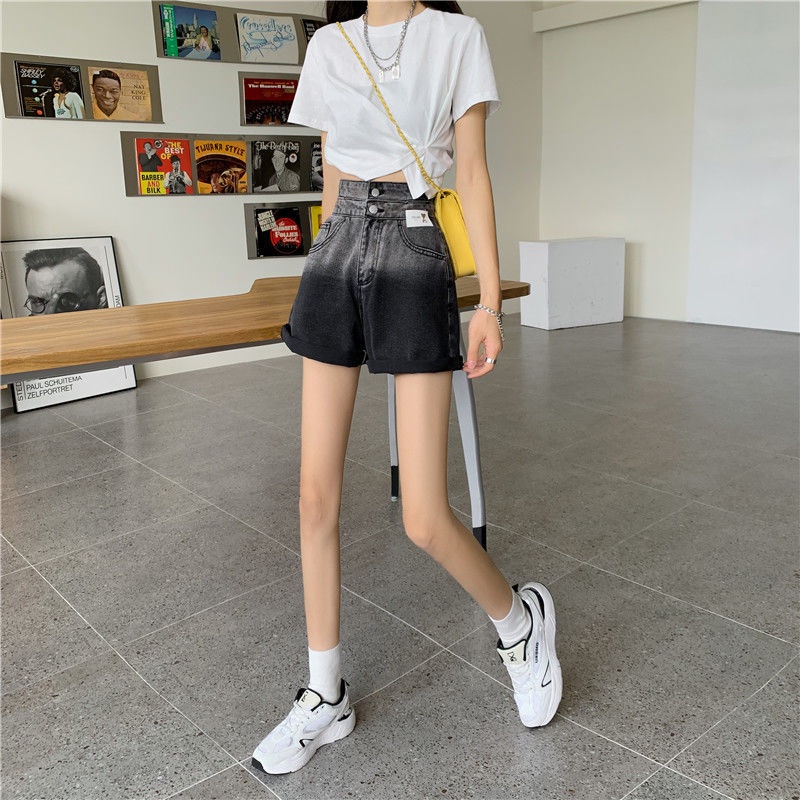 Quần Short Jeans Lưng Cao Ống Rộng Màu Gradient Thời Trang Cho Nữ