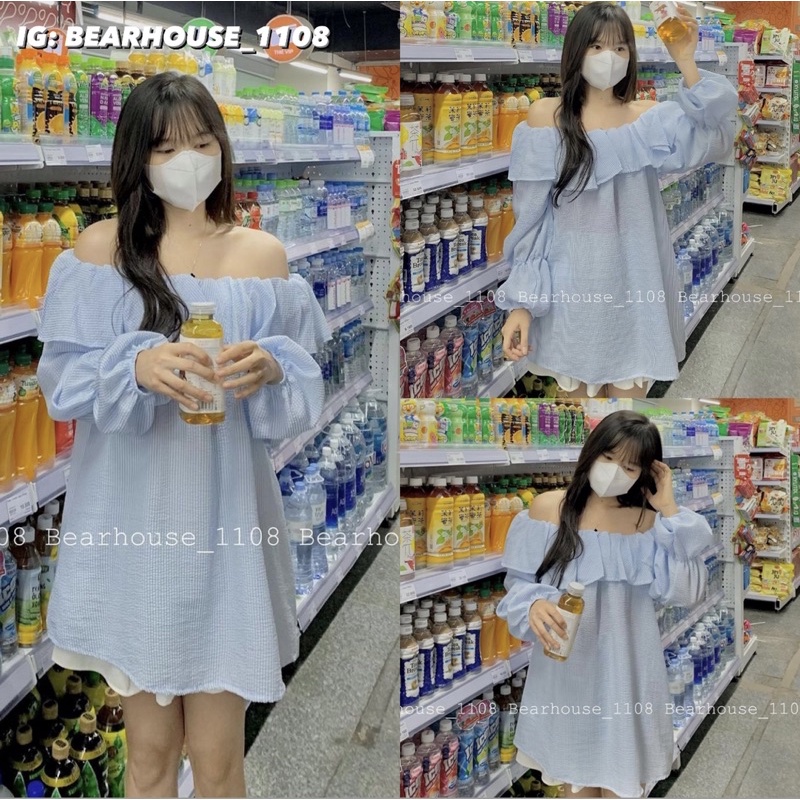 🌷 ÁO SƠ MI TRỄ VAI KẺ SỌC MÀU XANH THIÊN THANH