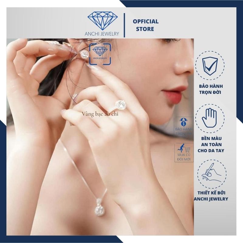 Bộ dây chuyền - bông tai - nhẫn mặt đá tròn, chuẩn bạc ta sáng đẹp không xuống màu, Anchi jewelry