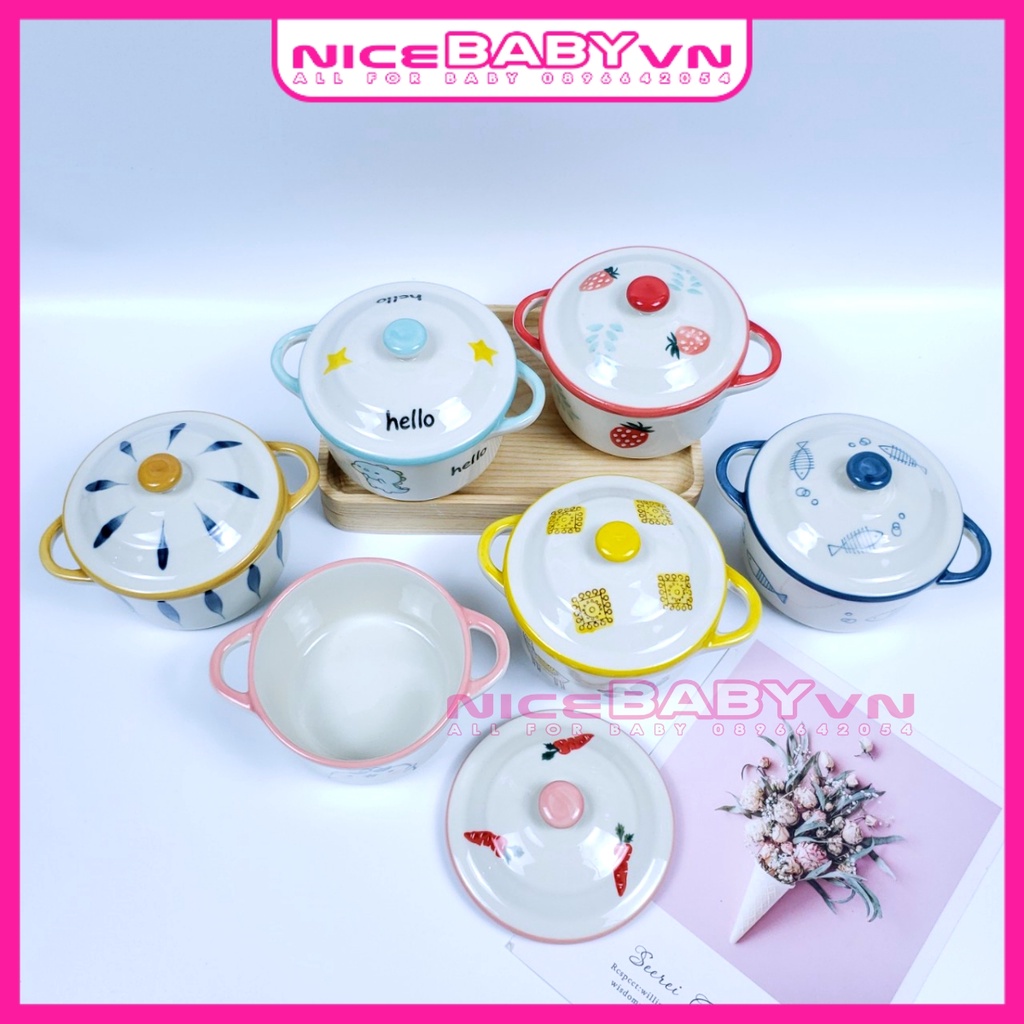 Bát Ăn Dặm Gốm Sứ Hình Nồi Họa Tiết Có Nắp Cho Bé 200ml NiceBabyVn