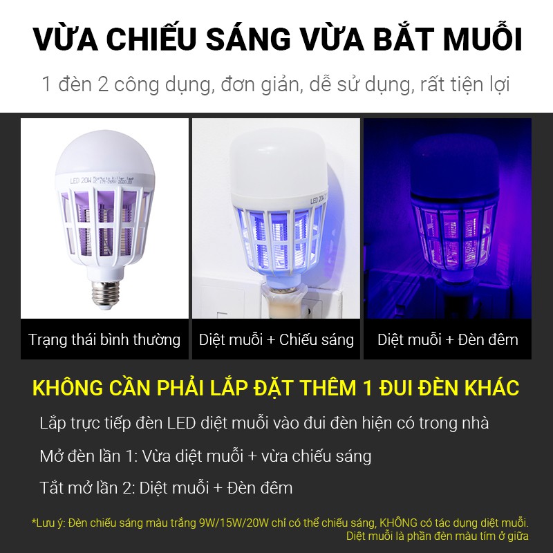 [BH 1 NĂM] Đèn diệt muỗi bằng điện 99,9% 9w/15W/20w - có thể sử dụng như đèn tròn ánh sáng trắng