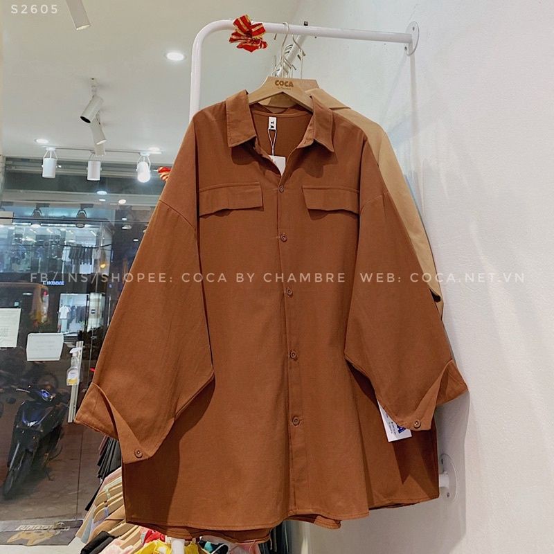 Áo sơ mi khoác ngoài basic túi nắp chất thô vân chéo mềm đẹp fom rộng-2605